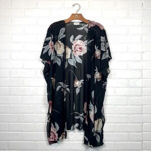 Pink Rose Floral Kimono Cardigan - Black and Pink